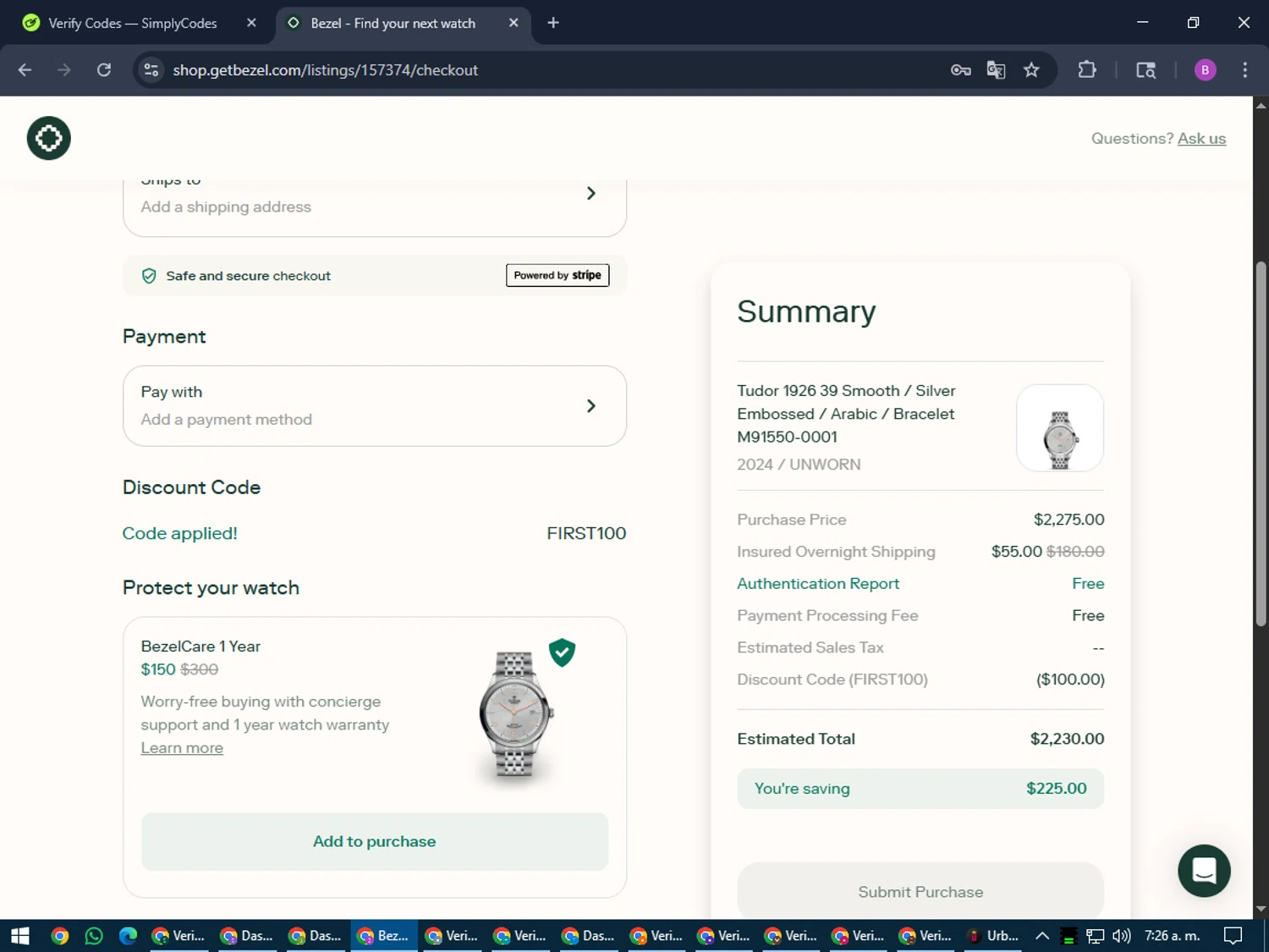 Bezel Watch promo code screenshot showing code FIRST100 applied at Bezel Watch checkout page. Uploaded by SimplyCodes community member travisscott on Jul 15, 2025