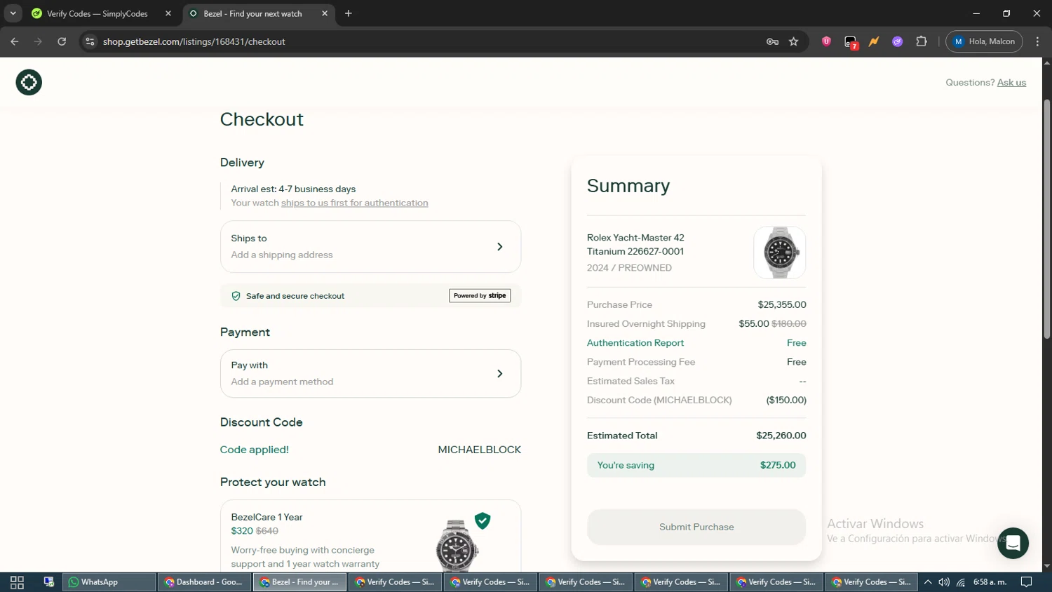 Bezel Watch promo code screenshot showing code MICHAELBLOCK applied at Bezel Watch checkout page. Uploaded by SimplyCodes community member EpicVoyager2820 on May 31, 2025