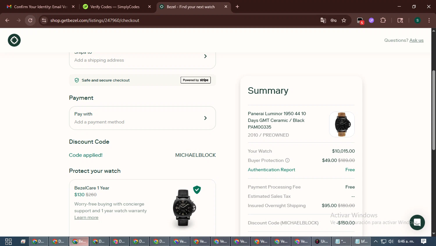 Bezel Watch checkout page showing Bezel Watch promo code box | Screenshot taken by SimplyCodes community member on Feb 13, 2026