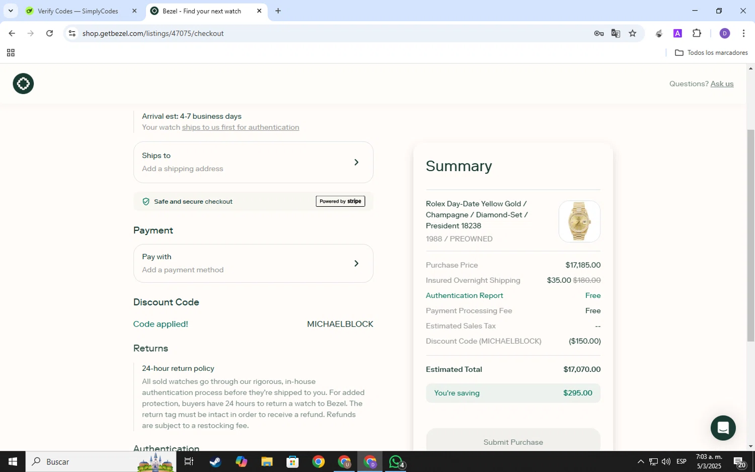 Bezel Watch promo code screenshot showing code MICHAELBLOCK applied at Bezel Watch checkout page. Uploaded by SimplyCodes community member SavingsSpotter2269 on Mar 5, 2025