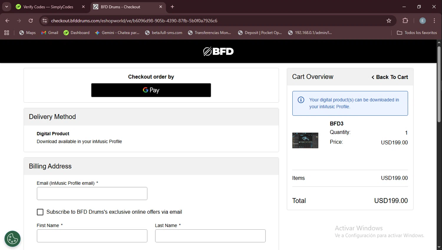 BFD Drums promo code screenshot showing code A1B2C applied at BFD Drums checkout page. Uploaded by SimplyCodes community member Esteban on Sep 14, 2025