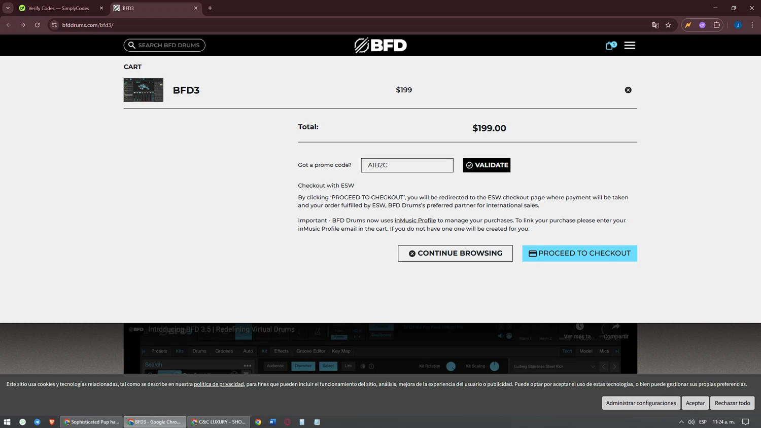 BFD Drums promo code screenshot showing code A1B2C applied at BFD Drums checkout page. Uploaded by SimplyCodes community member oscarbeaujon on Sep 14, 2025