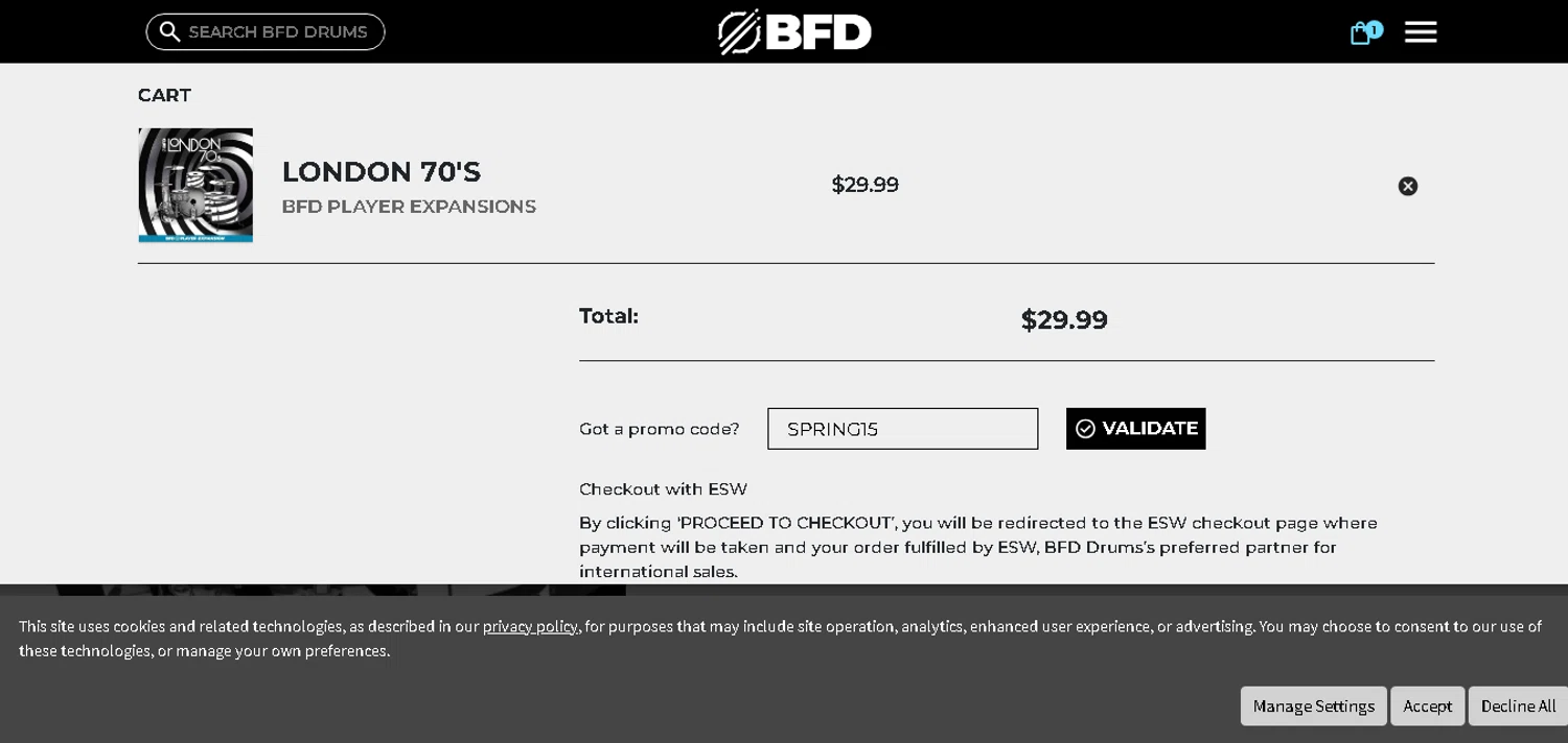 BFD Drums promo code screenshot showing code SPRING15 applied at BFD Drums checkout page. Uploaded by SimplyCodes community member CashAce9852 on Aug 10, 2025