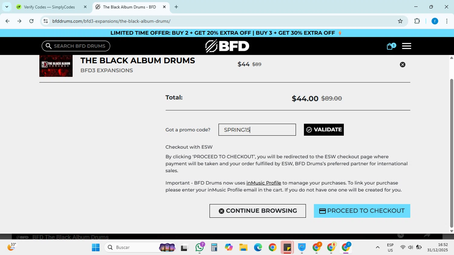 BFD Drums promo code screenshot showing code SPRING15 applied at BFD Drums checkout page. Uploaded by SimplyCodes community member FRANCYCASERES12 on Dec 31, 2025