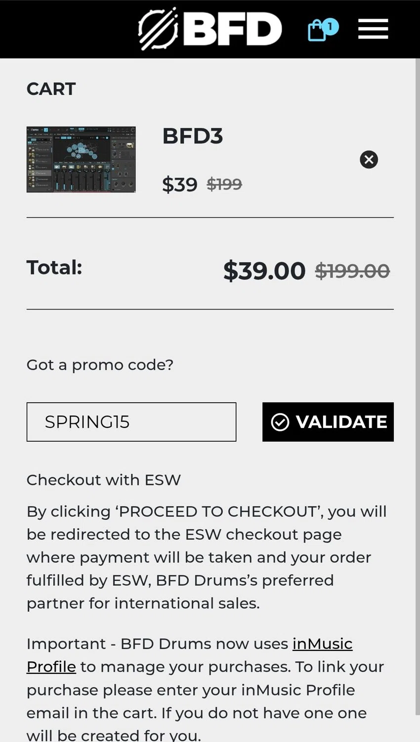 BFD Drums promo code screenshot showing code SPRING15 applied at BFD Drums checkout page. Uploaded by SimplyCodes community member WiseCaptain5299 on Jun 2, 2025