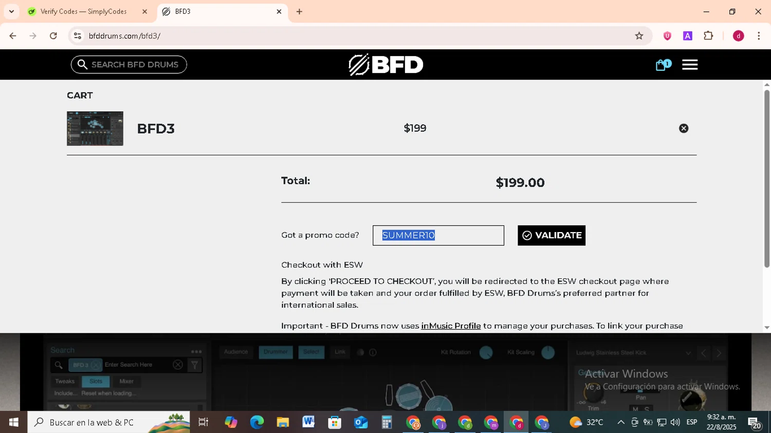 BFD Drums checkout page showing BFD Drums promo code box | Screenshot taken by SimplyCodes community member on Aug 22, 2025