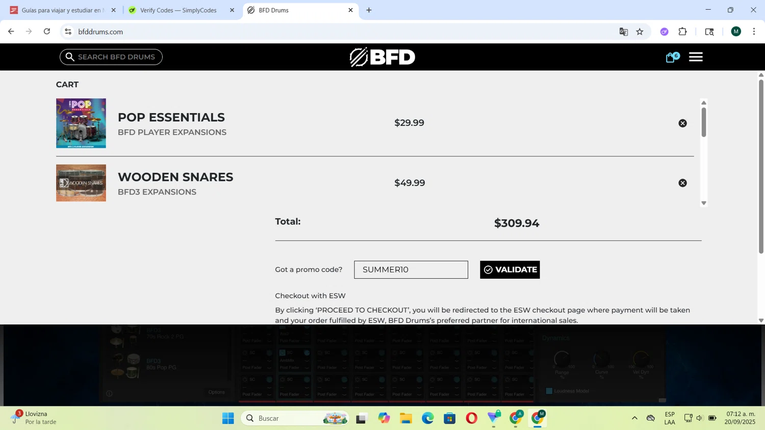 BFD Drums promo code screenshot showing code SUMMER10 applied at BFD Drums checkout page. Uploaded by SimplyCodes community member Tortu_1 on Sep 20, 2025