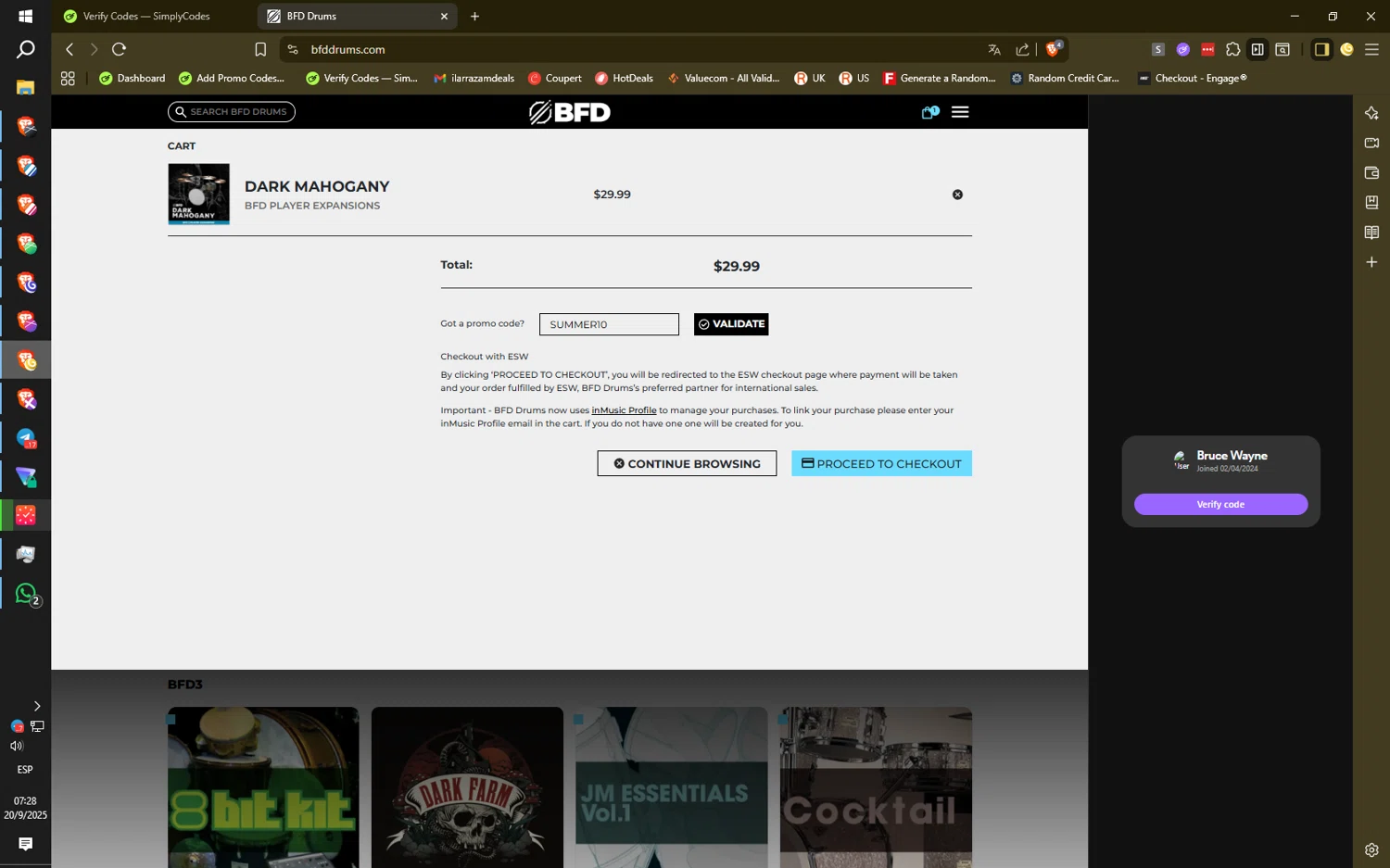 BFD Drums promo code screenshot showing code SUMMER10 applied at BFD Drums checkout page. Uploaded by SimplyCodes community member HiddenPulse7619 on Sep 20, 2025