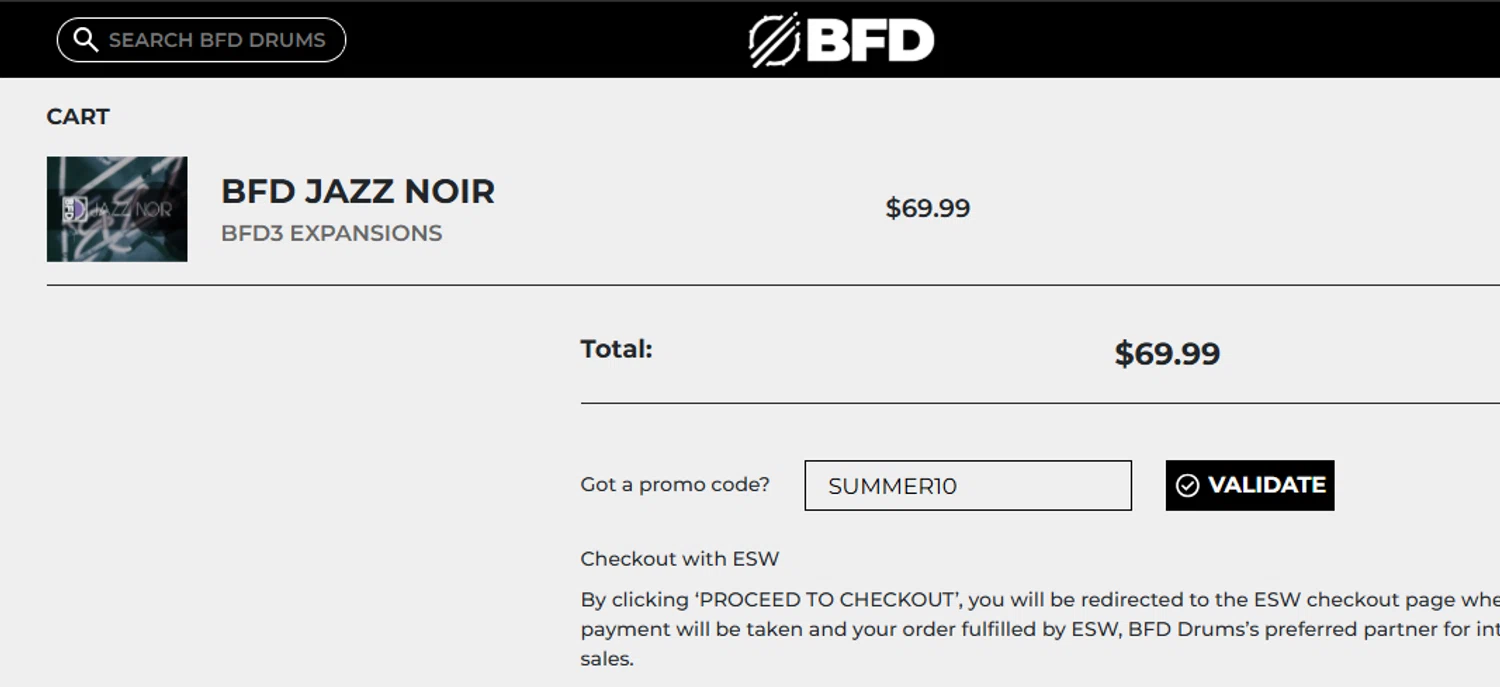 BFD Drums promo code screenshot showing code SUMMER10 applied at BFD Drums checkout page. Uploaded by SimplyCodes community member leiraM on Sep 20, 2025