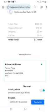 25NSUB10 coupon verification screenshot