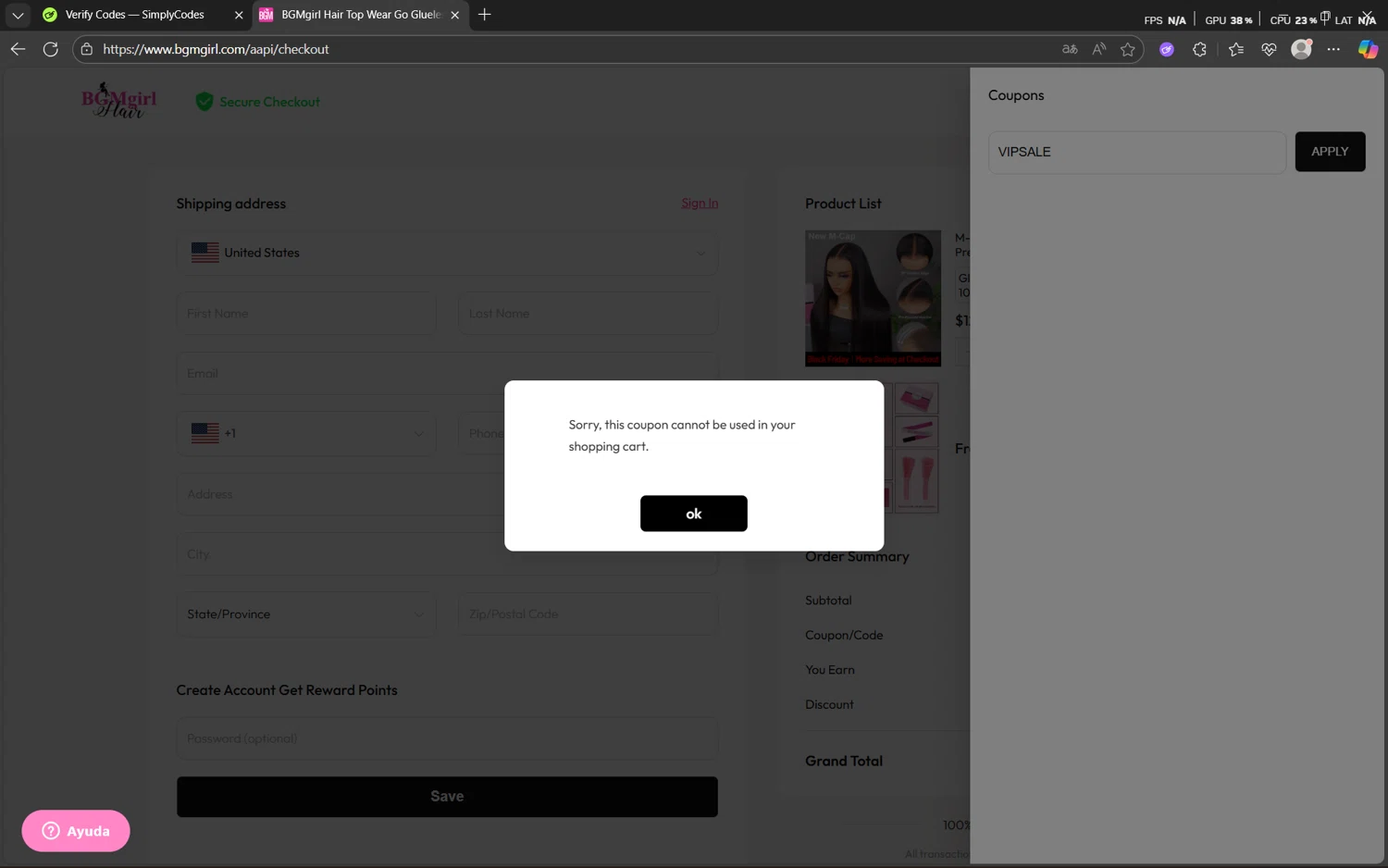 BGMgirl checkout page showing BGMgirl coupon code box | Screenshot taken by SimplyCodes community member on Nov 16, 2025