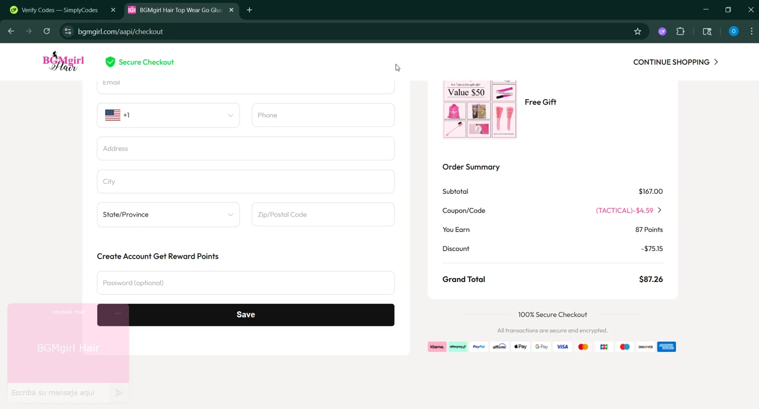 BGMgirl coupon code screenshot showing code TACTICAL applied at BGMgirl checkout page. Uploaded by SimplyCodes community member RoyalSage9159 on Oct 8, 2025