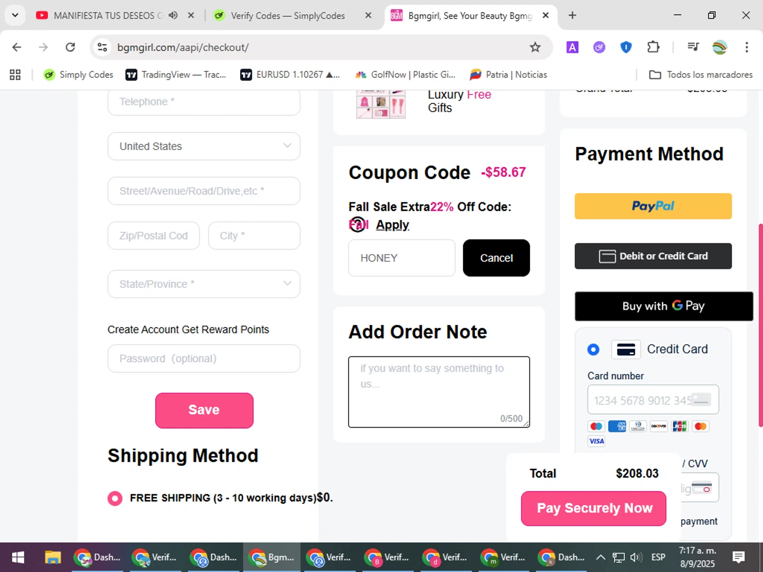 BGMgirl coupon code screenshot showing code HONEY applied at BGMgirl checkout page. Uploaded by SimplyCodes community member CoinMaven5220 on Sep 8, 2025