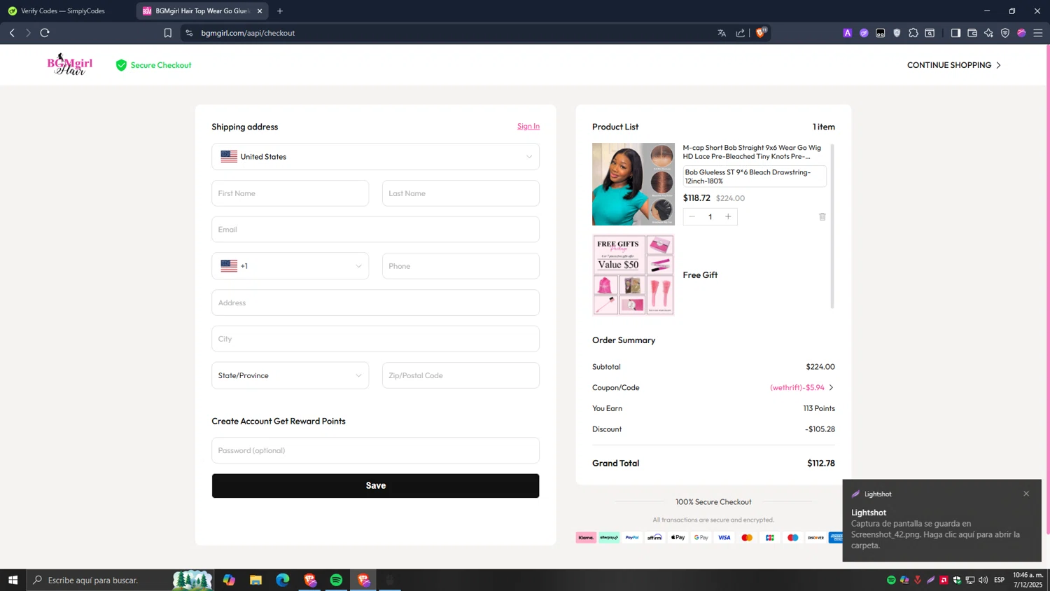 BGMgirl coupon code screenshot showing code WETHRIFT applied at BGMgirl checkout page. Uploaded by SimplyCodes community member Carlos54 on Dec 7, 2025