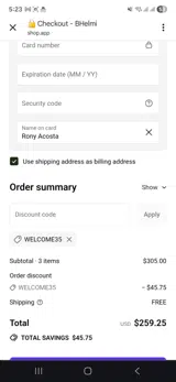 WELCOME35 coupon verification screenshot