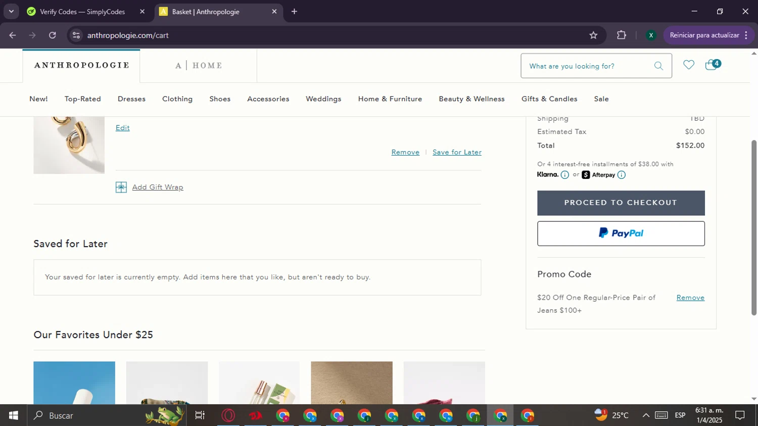 BHLDN promo code screenshot showing code RWYRBG1O90 applied at BHLDN checkout page. Uploaded by SimplyCodes community member CouponBoss6932 on Apr 1, 2025