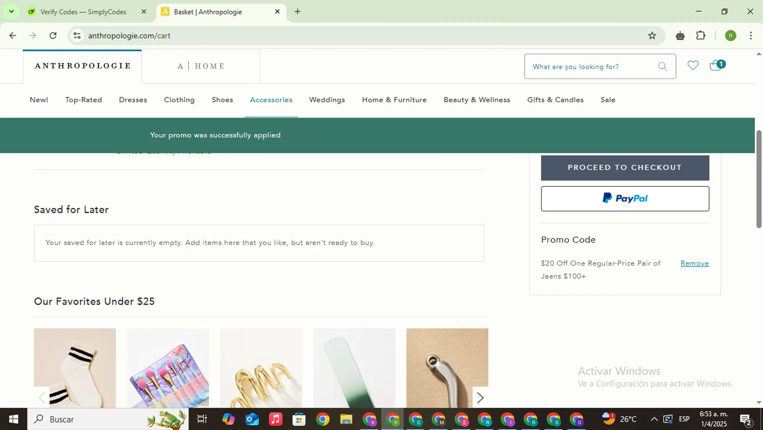 BHLDN promo code screenshot showing code RWYRBG1O90 applied at BHLDN checkout page. Uploaded by SimplyCodes community member SwiftSaver6197 on Apr 1, 2025