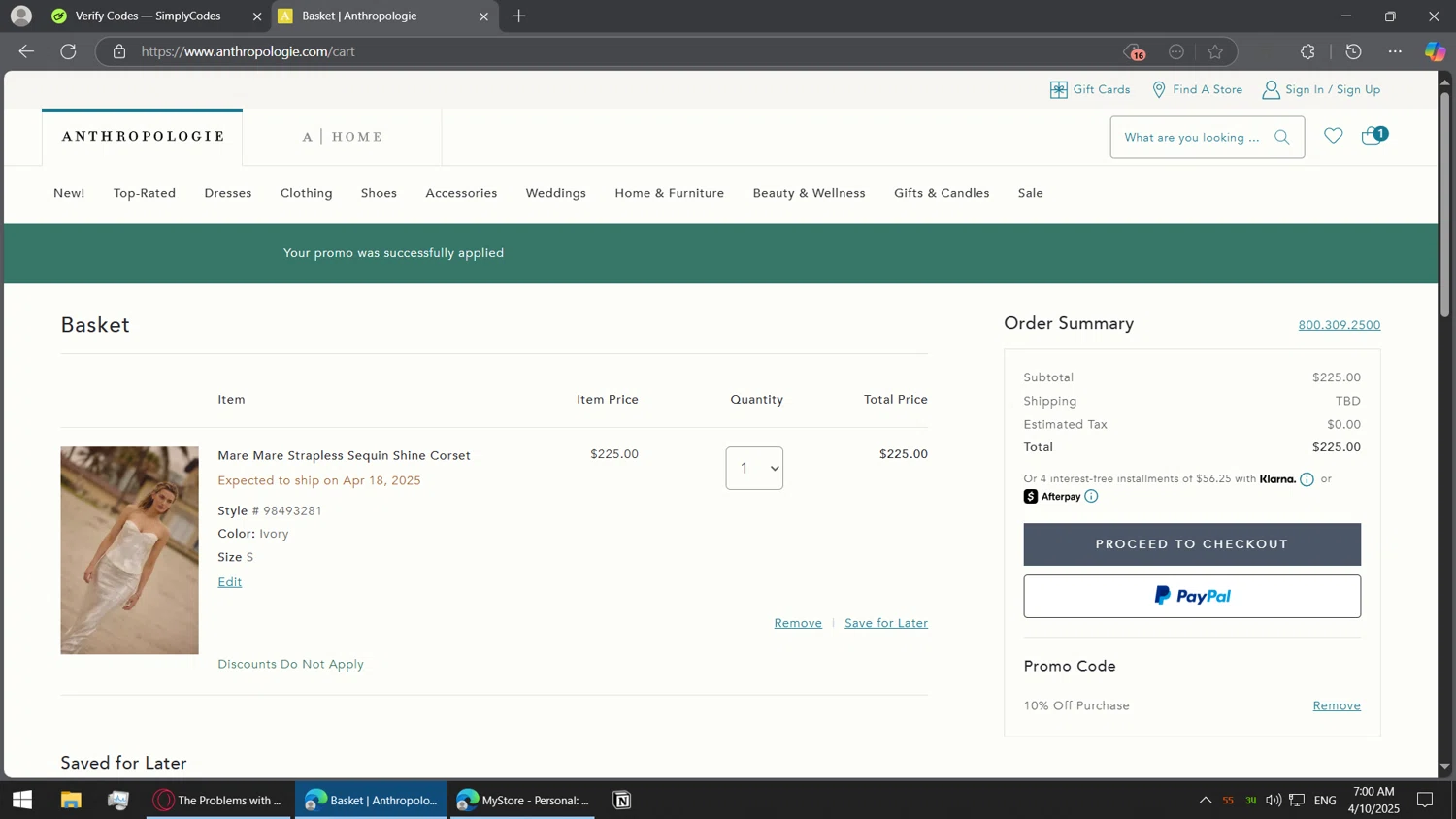 BHLDN promo code screenshot showing code ANTHROBSESSED applied at BHLDN checkout page. Uploaded by SimplyCodes community member BorgeZzz on Apr 10, 2025