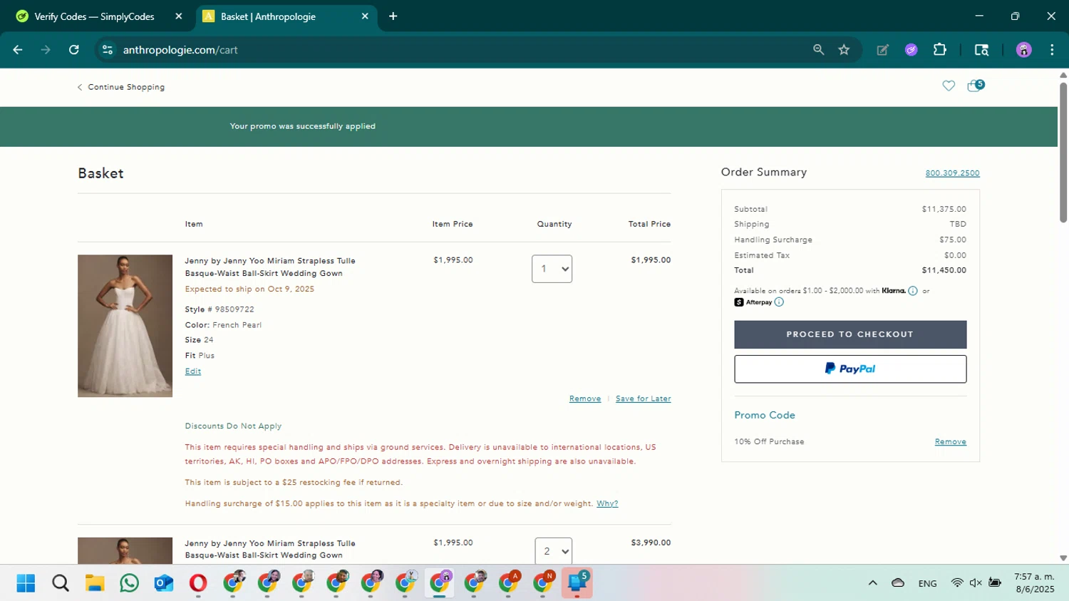 BHLDN promo code screenshot showing code ANTHROBSESSED applied at BHLDN checkout page. Uploaded by SimplyCodes community member MariAPB on Jun 8, 2025