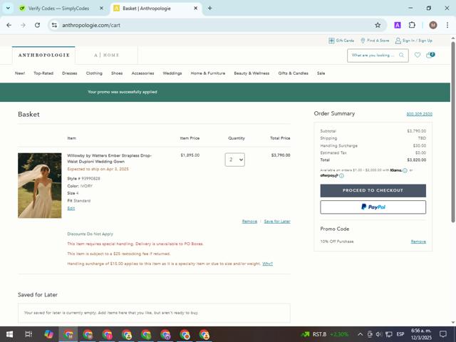 BHLDN checkout page showing BHLDN promo code box | Screenshot taken by SimplyCodes community member on Mar 12, 2025