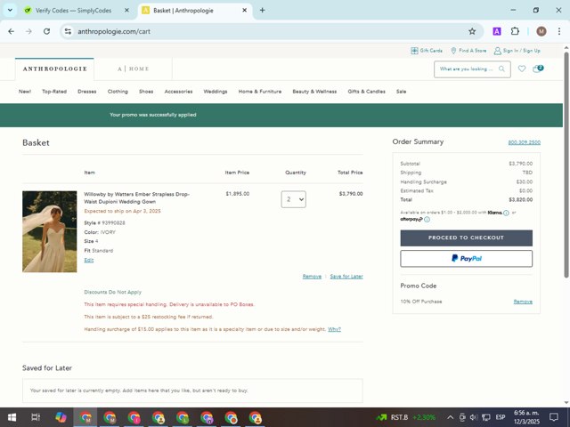 BHLDN checkout page showing BHLDN promo code box | Screenshot taken by SimplyCodes community member on Mar 12, 2025