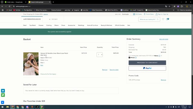 BHLDN checkout page showing BHLDN promo code box | Screenshot taken by SimplyCodes community member on Jul 7, 2025