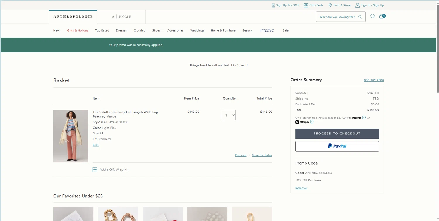 BHLDN promo code screenshot showing code ANTHROBSESSED applied at BHLDN checkout page. Uploaded by SimplyCodes community member JAKEELDOG on Nov 18, 2025