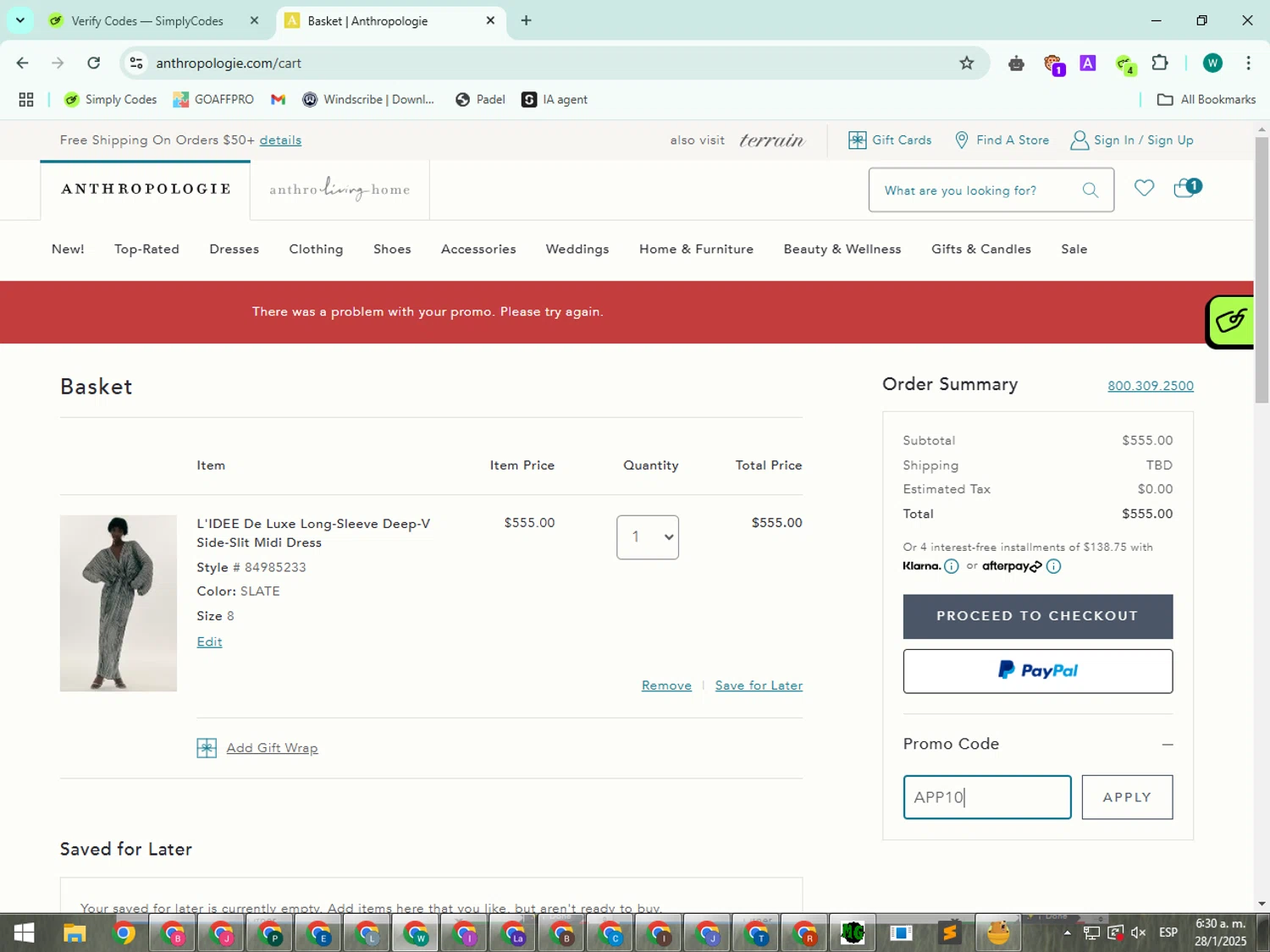 BHLDN promo code screenshot showing code APP10 applied at BHLDN checkout page. Uploaded by SimplyCodes community member BudgetWizard5987 on Jan 28, 2025
