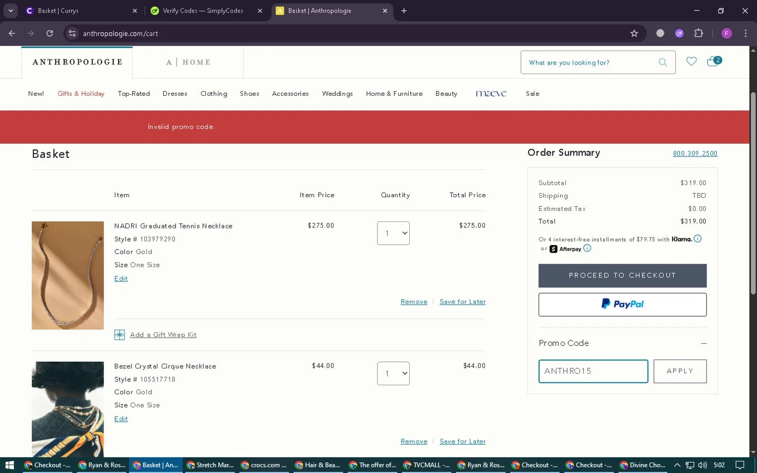BHLDN promo code screenshot showing code ANTHRO15 applied at BHLDN checkout page. Uploaded by SimplyCodes community member CleverSpotter6431 on Nov 18, 2025