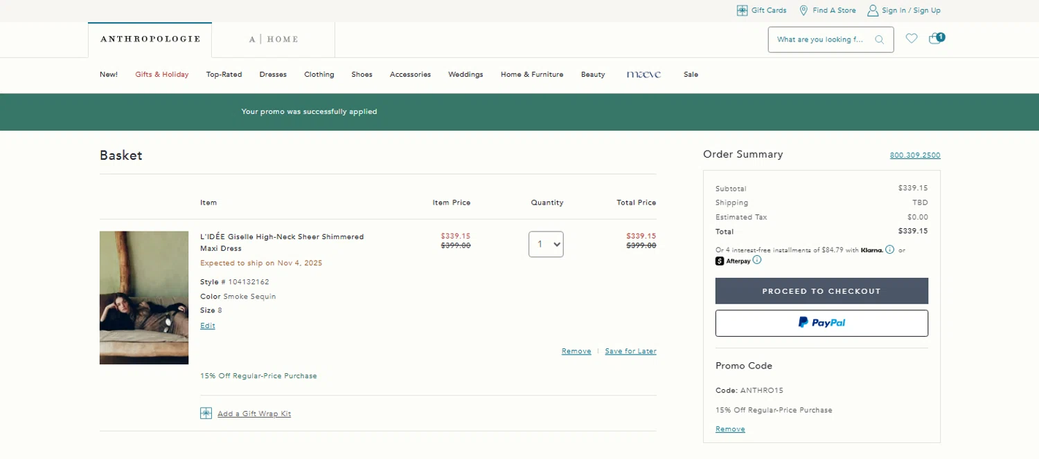 BHLDN promo code screenshot showing code ANTHRO15 applied at BHLDN checkout page. Uploaded by SimplyCodes community member OnlywM on Oct 22, 2025