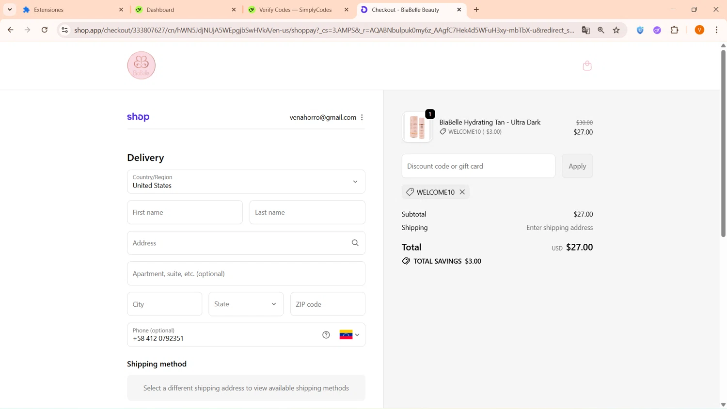 BiaBelle Beauty Cosmetics promo code screenshot showing code WELCOME10 applied at BiaBelle Beauty Cosmetics checkout page. Uploaded by SimplyCodes community member FortunateFinder9465 on Nov 15, 2025