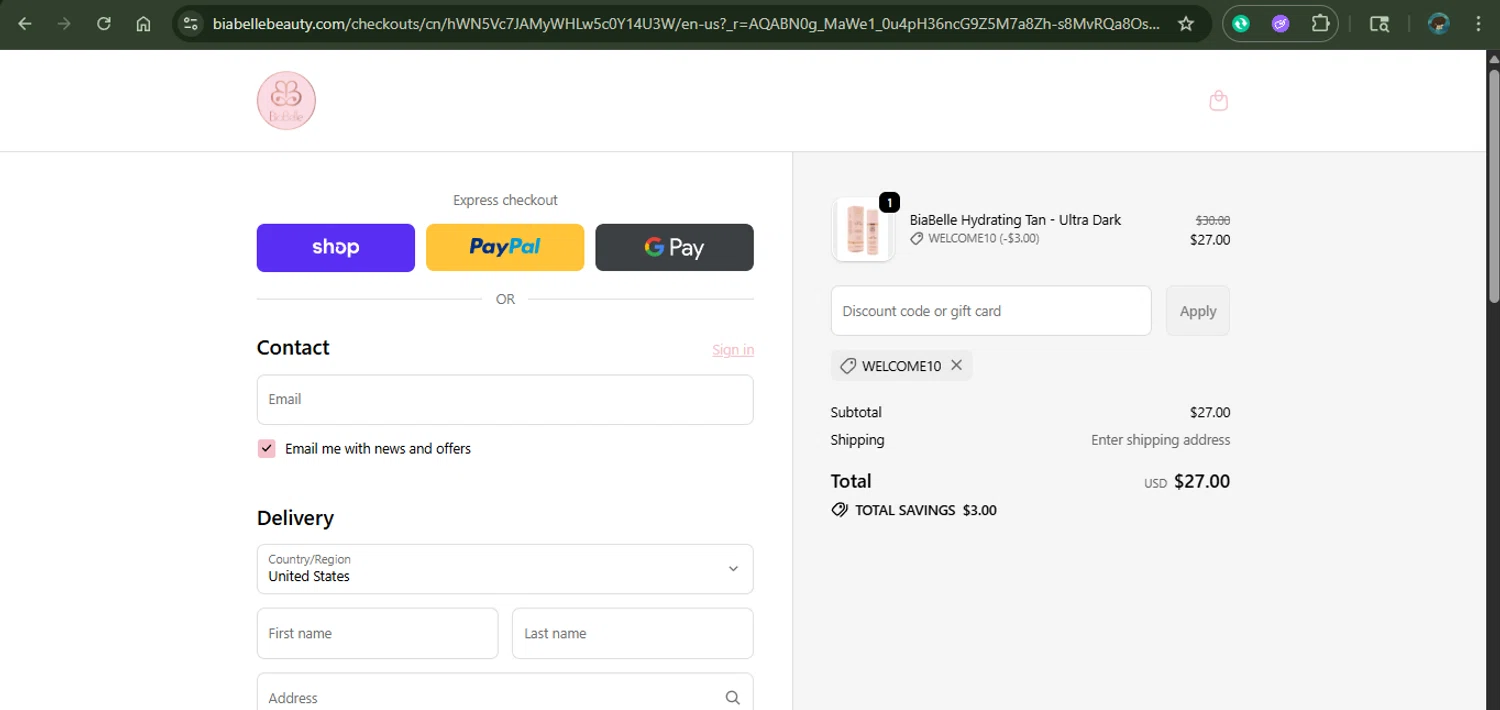 BiaBelle Beauty Cosmetics promo code screenshot showing code WELCOME10 applied at BiaBelle Beauty Cosmetics checkout page. Uploaded by SimplyCodes community member xAngel on Nov 20, 2025