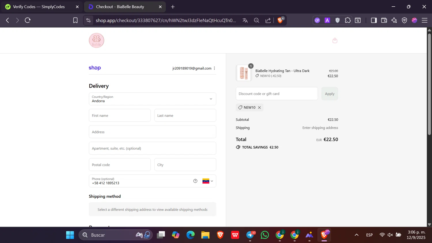 BiaBelle Beauty Cosmetics promo code screenshot showing code NEW10 applied at BiaBelle Beauty Cosmetics checkout page. Uploaded by SimplyCodes community member Toji_fushiguro on Sep 12, 2025