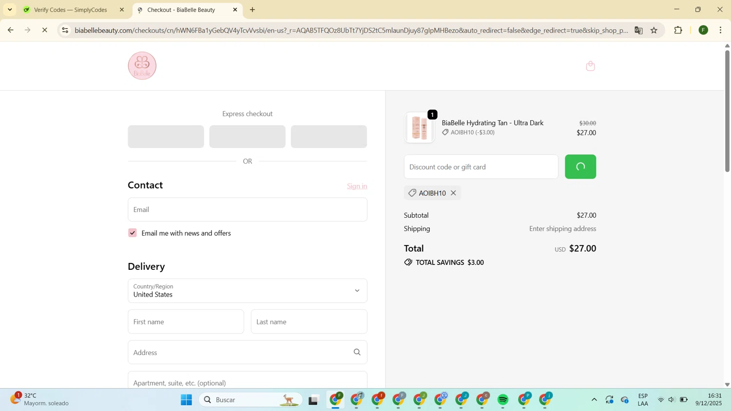 BiaBelle Beauty Cosmetics promo code screenshot showing code AOIBH10 applied at BiaBelle Beauty Cosmetics checkout page. Uploaded by SimplyCodes community member MoneyPro9023 on Dec 9, 2025