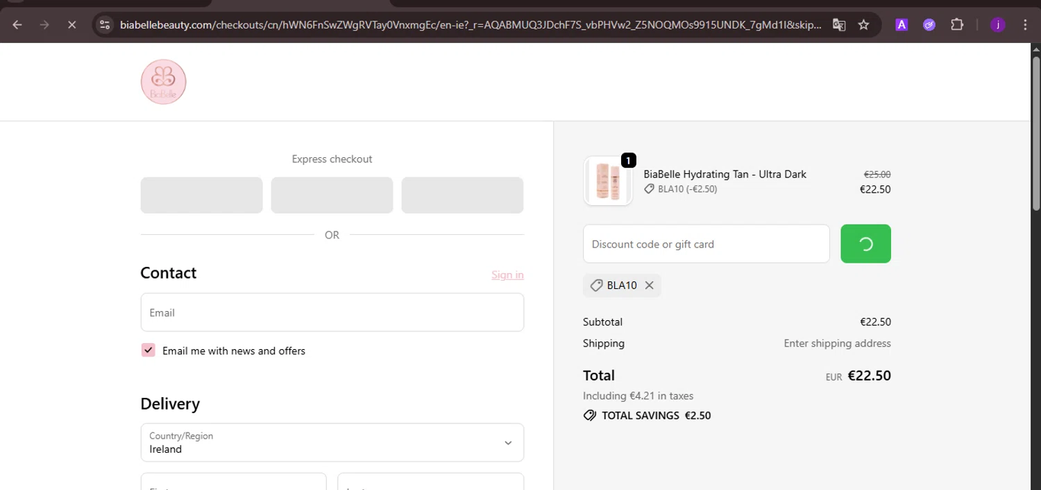 BiaBelle Beauty Cosmetics promo code screenshot showing code BLA10 applied at BiaBelle Beauty Cosmetics checkout page. Uploaded by SimplyCodes community member CoinMaverick1452 on Dec 10, 2025