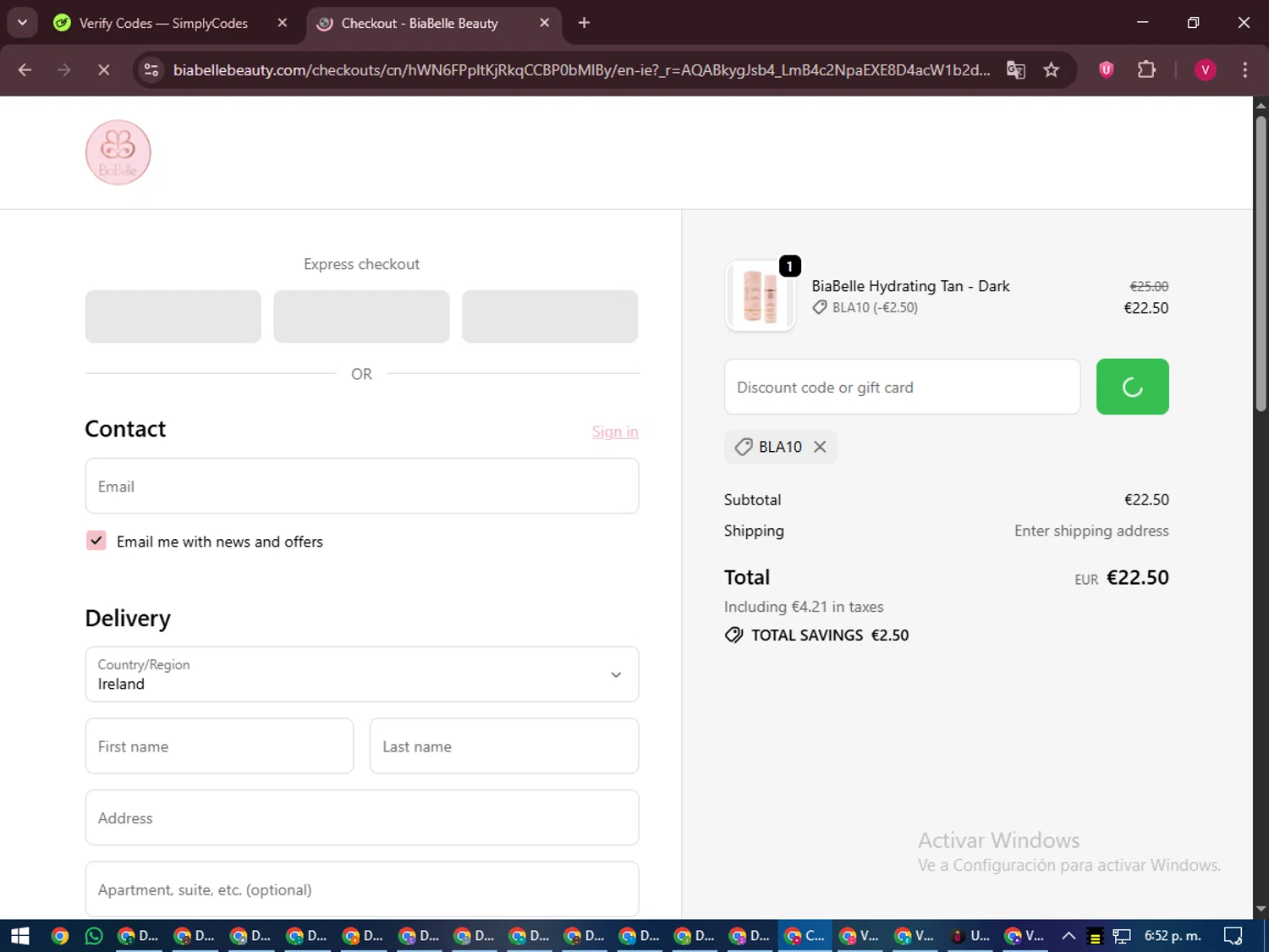 BiaBelle Beauty Cosmetics promo code screenshot showing code BLA10 applied at BiaBelle Beauty Cosmetics checkout page. Uploaded by SimplyCodes community member ShieldEagle6102 on Dec 9, 2025