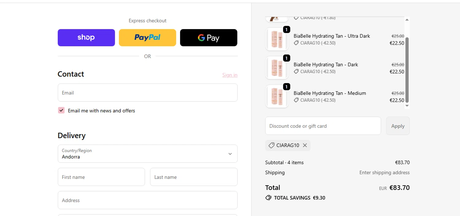 BiaBelle Beauty Cosmetics promo code screenshot showing code CIARAG10 applied at BiaBelle Beauty Cosmetics checkout page. Uploaded by SimplyCodes community member yilmamalave on Dec 9, 2025