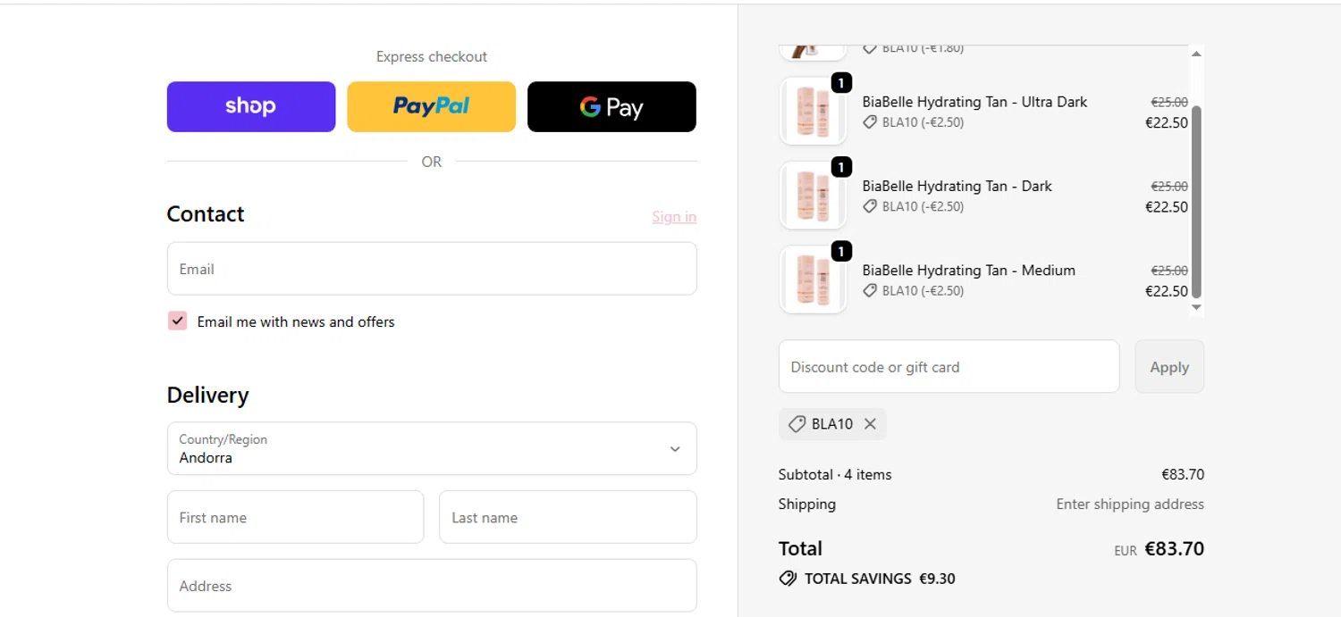 BiaBelle Beauty Cosmetics promo code screenshot showing code BLA10 applied at BiaBelle Beauty Cosmetics checkout page. Uploaded by SimplyCodes community member yilmamalave on Dec 9, 2025