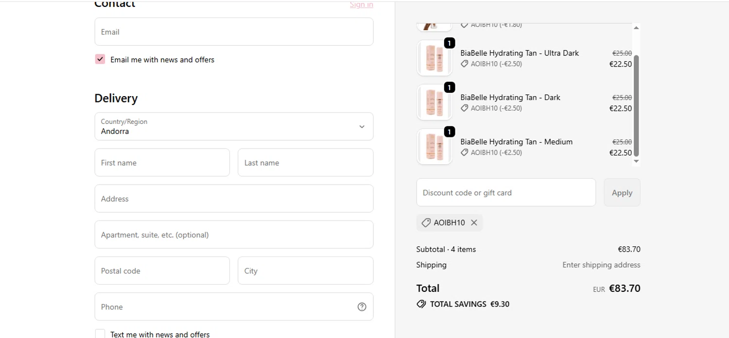 BiaBelle Beauty Cosmetics promo code screenshot showing code AOIBH10 applied at BiaBelle Beauty Cosmetics checkout page. Uploaded by SimplyCodes community member yilmamalave on Dec 9, 2025