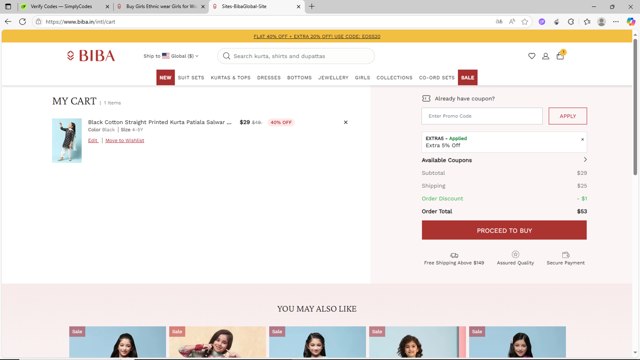 Biba checkout page showing Biba coupon code box | Screenshot taken by SimplyCodes community member on Jul 8, 2025