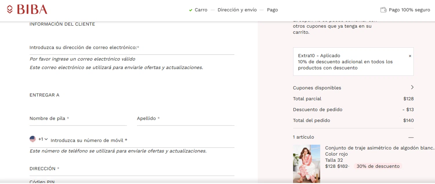Biba coupon code screenshot showing code EXTRA10 applied at Biba checkout page. Uploaded by SimplyCodes community member BargainLegend9813 on Jun 6, 2025