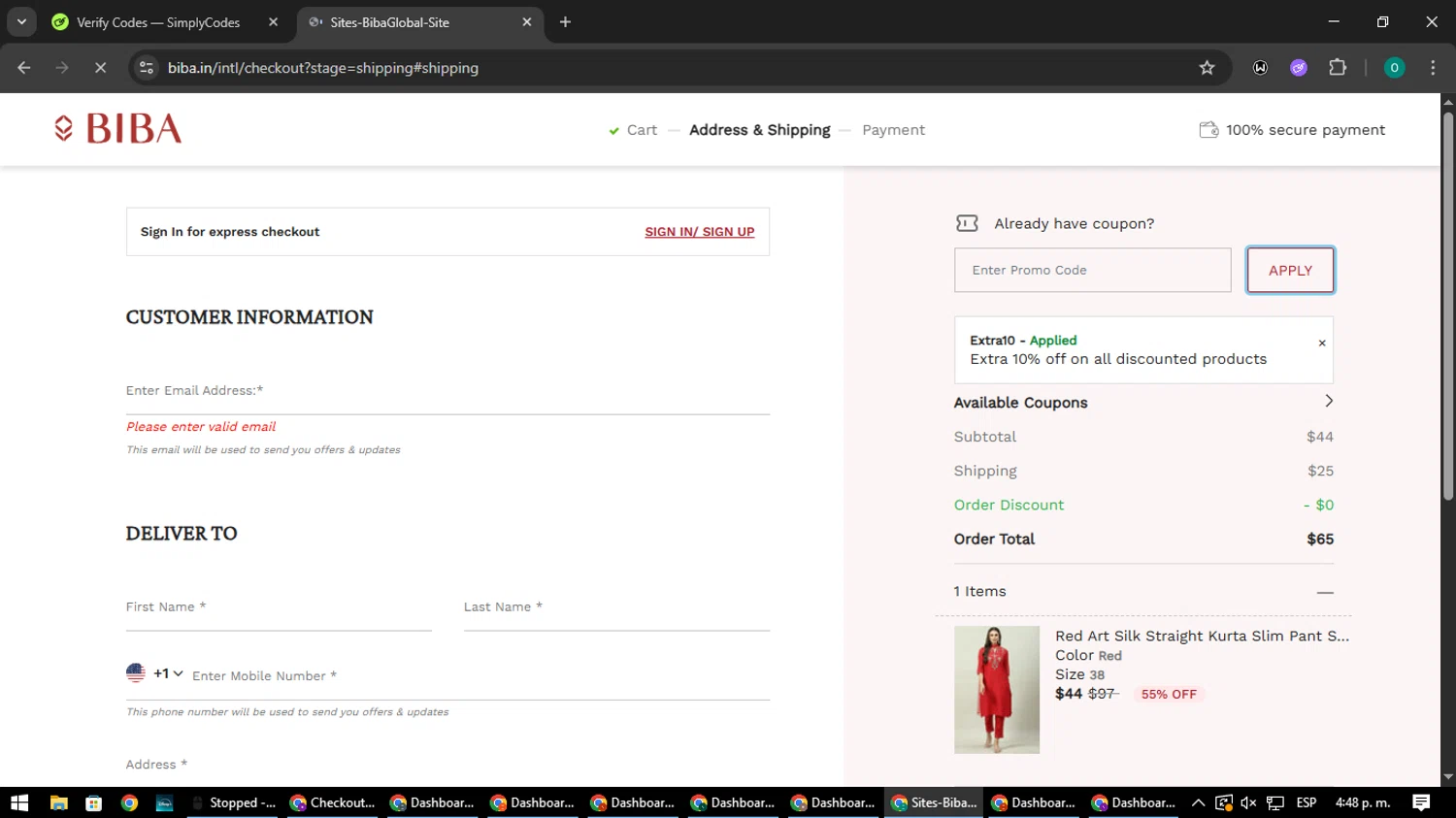 Biba coupon code screenshot showing code EXTRA10 applied at Biba checkout page. Uploaded by SimplyCodes community member LuckyDefender9428 on Jun 11, 2025