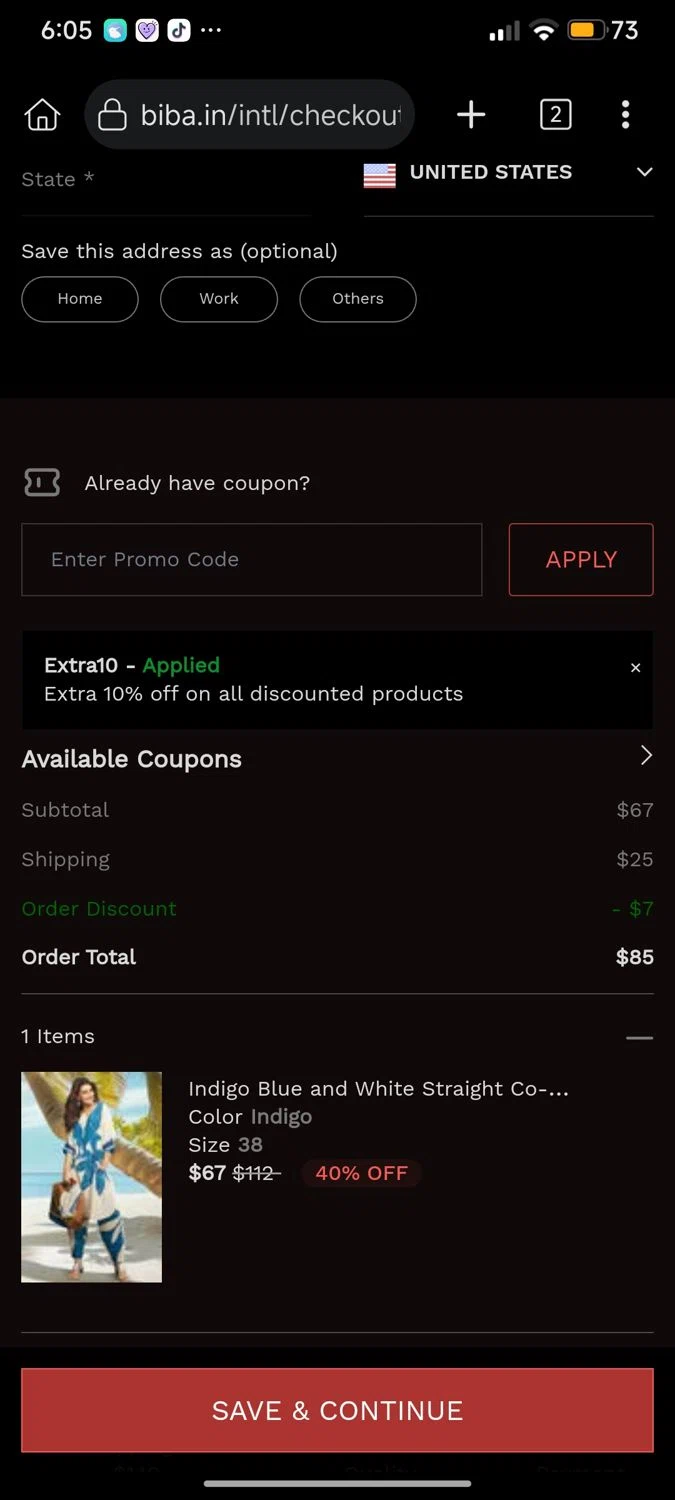 Biba coupon code screenshot showing code EXTRA10 applied at Biba checkout page. Uploaded by SimplyCodes community member cuenta03 on Jul 17, 2025