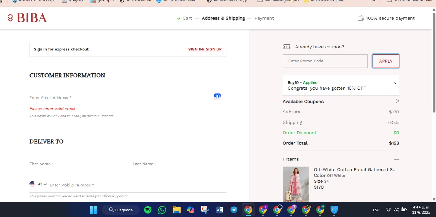 Biba coupon code screenshot showing code BUY10 applied at Biba checkout page. Uploaded by SimplyCodes community member luisaballera on Jun 11, 2025