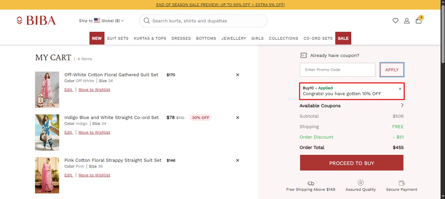 Biba coupon code screenshot showing code BUY10 applied at Biba checkout page. Uploaded by SimplyCodes community member noworries on Jun 18, 2025