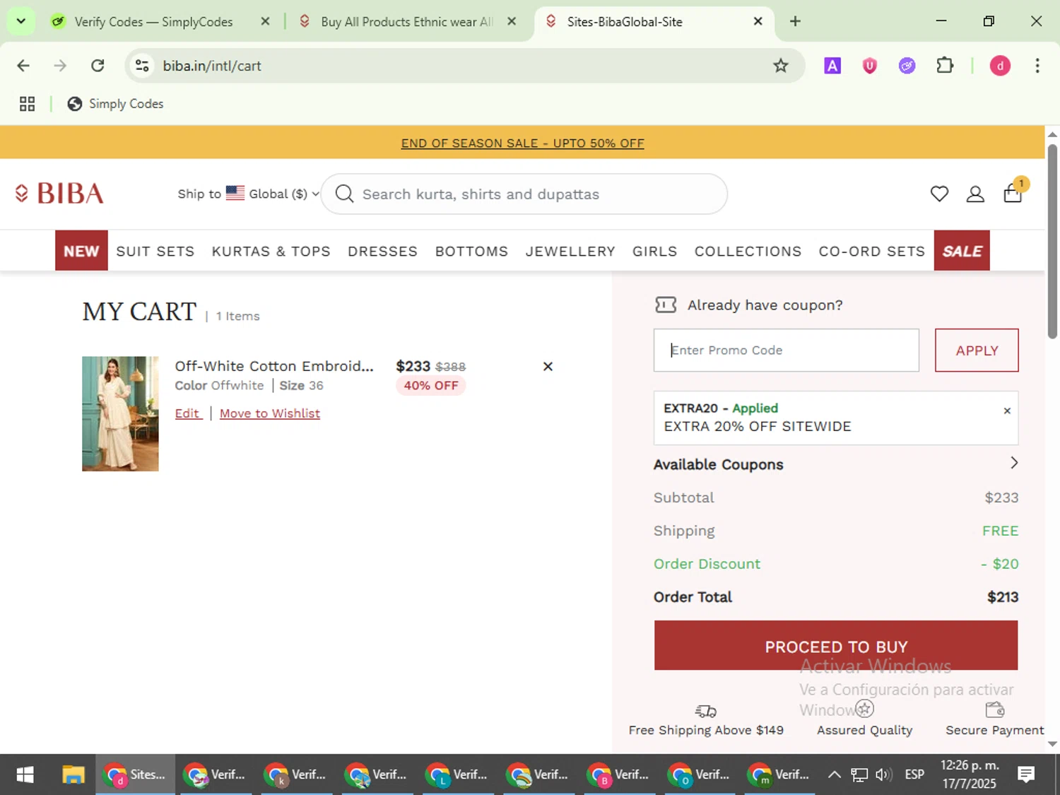 Biba coupon code screenshot showing code EXTRA20 applied at Biba checkout page. Uploaded by SimplyCodes community member BudgetVoyager5452 on Jul 17, 2025