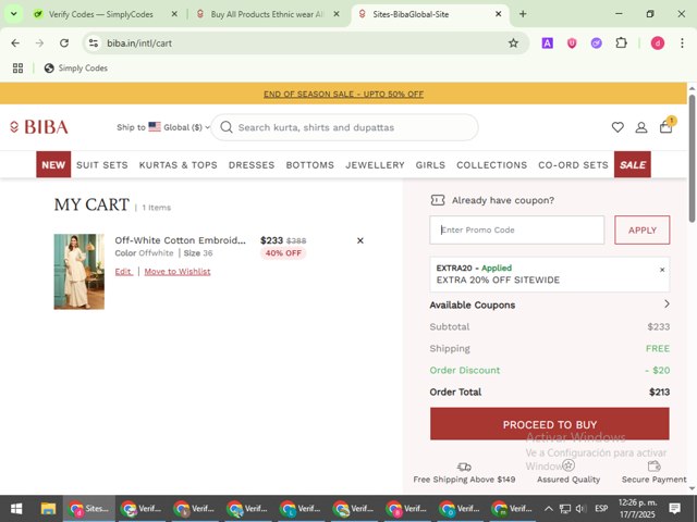 Biba checkout page showing Biba coupon code box | Screenshot taken by SimplyCodes community member on Jul 17, 2025