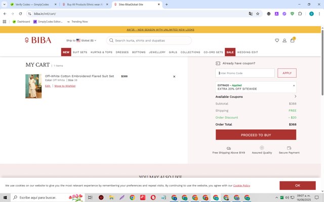 Biba checkout page showing Biba coupon code box | Screenshot taken by SimplyCodes community member on Aug 16, 2025