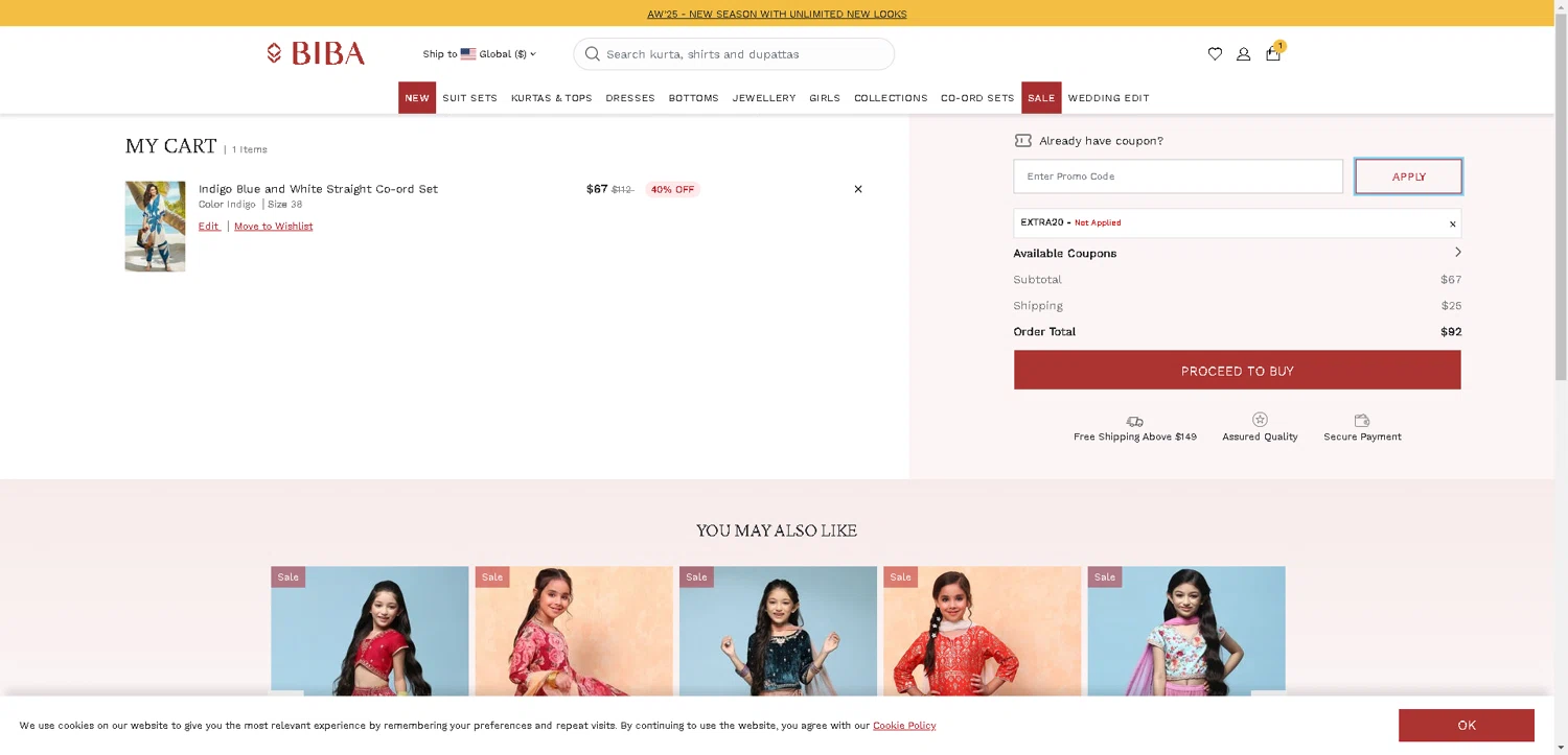 Biba coupon code screenshot showing code EXTRA20 applied at Biba checkout page. Uploaded by SimplyCodes community member PromoElite4745 on Aug 16, 2025