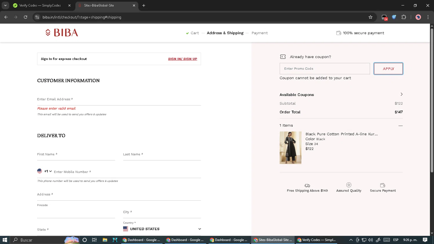 Biba coupon code screenshot showing code EOSS10 applied at Biba checkout page. Uploaded by SimplyCodes community member Cynoxx on Aug 18, 2025